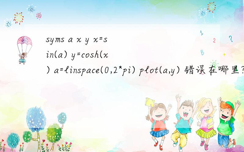 syms a x y x=sin(a) y=cosh(x) a=linspace(0,2*pi) plot(a,y) 错误在哪里?matlab中，错误提示：Conversion to double from sym is not possible